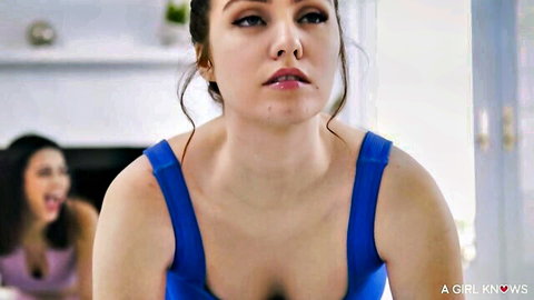 Vanessa Sky in blue tank top during steamy yoga threesome setup
