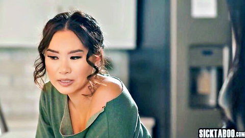 Petite Asian Kimmy Kimm in sexy off-shoulder green sweater