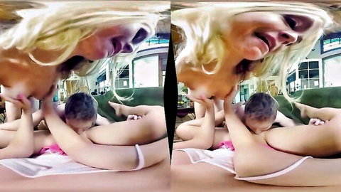 Blonde babe in lingerie unleashes passion in VR threesome frenzy