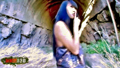 Sharon Lee blue-haired Asian bigtits star shushing in tunnel, teasing anal scene