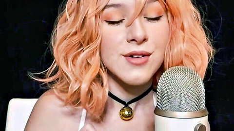 Seductive orange-haired girl in choker and white top for lewd ASMR