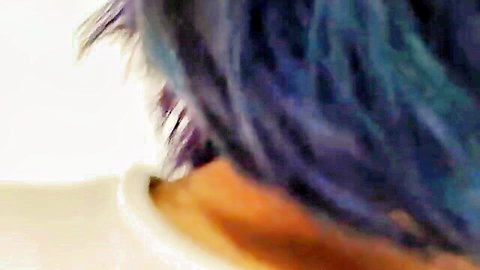Wet blue-haired beauty in white top, teasing side profile close-up