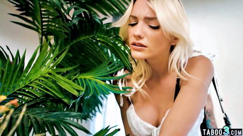 Blonde vixen with ample cleavage leans in for intense oral tease