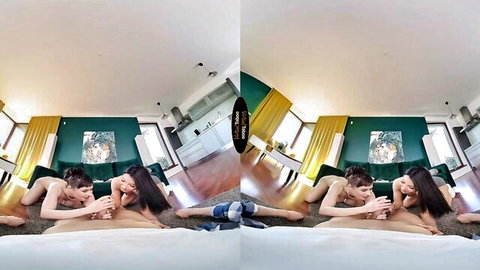 Intense POV threesome with two busty brunettes in passionate oral and missionary play