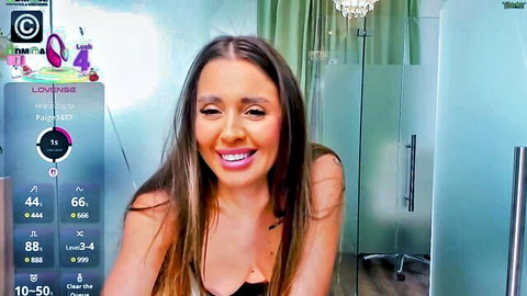 Seductive brunette cam girl teases with big cleavage in live chat show