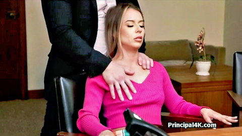 Suited man grips blonde office babe's throat roughly from behind at desk