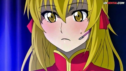 Blonde anime teen with massive tits blushing in red outfit, uncensored hentai