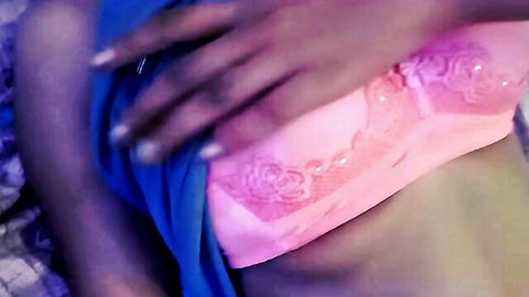 Sexy Zaara in pink lace bra, teasing close-up