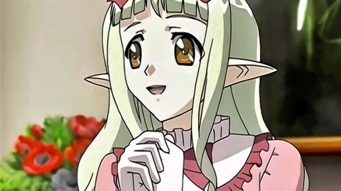 Anime elf princess in frilly pink dress smiling innocently