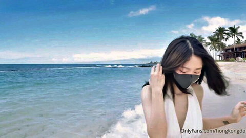 HongKongDoll in flowing white dress on sunny beach, summer memories