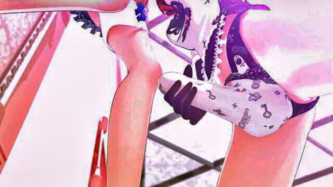 Hentai scene with Hikari in purple lingerie and stockings, sticky handjob on Tobaru