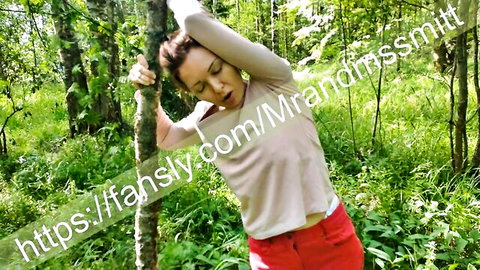 Hot brunette stranger masturbates in forest with clit toy