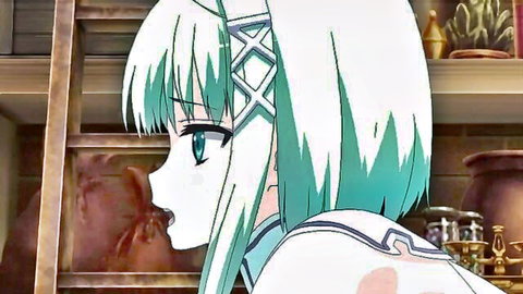 Anime hentai girl with long white hair, green tips, blue eyes, seductive side profile from Venus Blood Ep.3