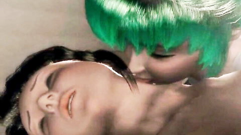 Green-haired babe passionately kissing brunette's lips in steamy 3D lesbian closeup