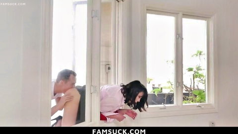 Brunette woman bent over window fucked doggy style from behind
