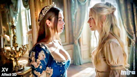 Two elegant women in historical dresses, one brunette with deep cleavage, blonde in soft gown, intimate gaze
