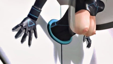 Busty animated woman in latex bondage exposing large breasts and ass