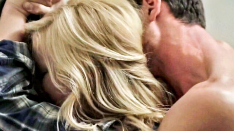 Jordan Elizabeth blonde in intimate rear embrace with shirtless stud, Black Widows 2016