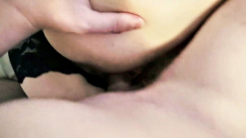 Curvy girl with big ass in black lace panties during close-up penetration