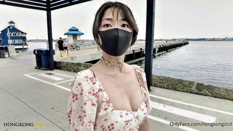 HongKongDoll in floral dress and mask by harbor, deep cleavage tease