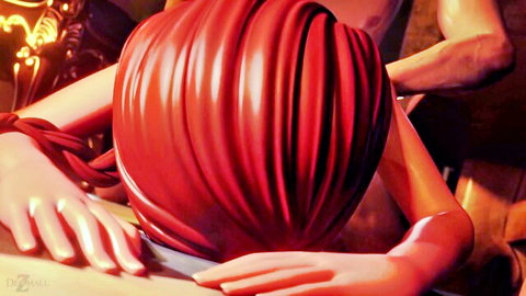 Frozen Anna cosplay bound with red ropes, submissive pose, red hair visible