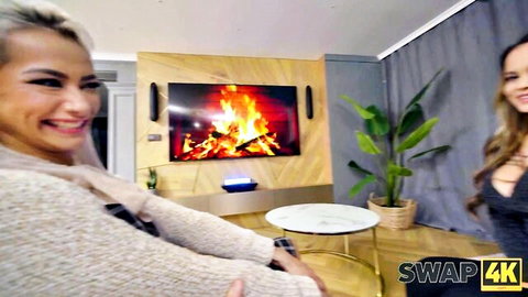 Charlie Dean threesome with two smiling hot babes in cozy setup