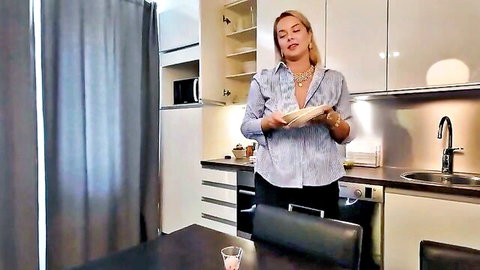 Busty Turkish stepmom Qombol in kitchen, homemade blowjob tease