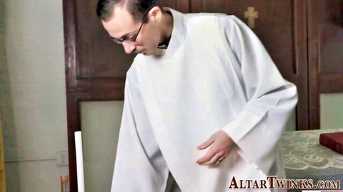 Priest in white collar robe bending over church altar for taboo gay fuck