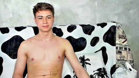 Lance Bell shirtless young man on amateur cam show, smiling solo