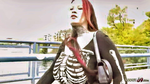 Sabien Demonia plump model in sexy skeleton outfit outdoors