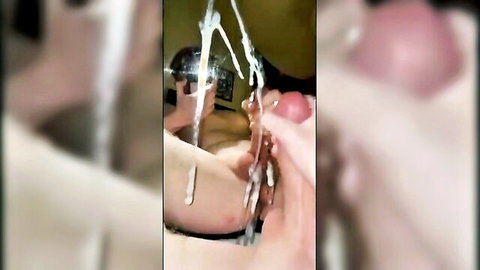 Cum dripping on shaved pussy lips as fingers spread and finger it closeup