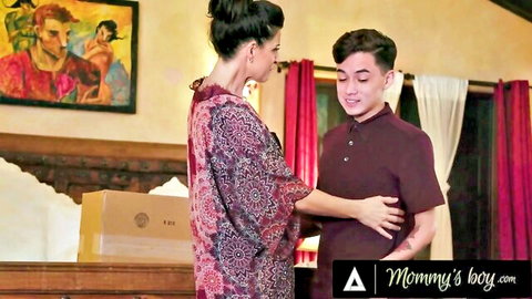 Brunette MILF mom hugs young twink son in taboo mommy's boy embrace