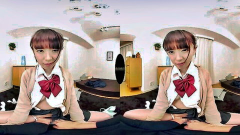 Cute Asian schoolgirl in uniform teasing in VR