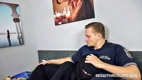 Arab hot MILF with policeman in uniform on bed, sexy encounter