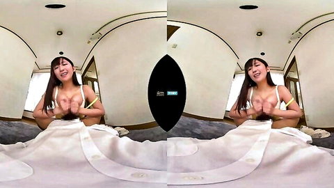 Young Japanese girl with huge tits cupping her bare boobs topless on bed in VR