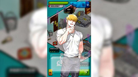 Muscular blond anime hunk posing thoughtfully in tight white tank top and gray pants in gay video game