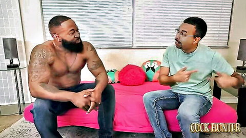 BBW hot wife cuckolds with muscular black pool guy on couch