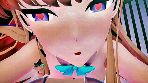 Seductive anime girl with purple eyes, brown hair, and blue ribbon in teasing pose