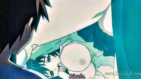 Blue-haired anime schoolgirl exposing small breasts in POV intimate scene