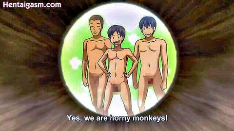 Three nude anime boys with erections posing as horny monkeys in Ikumonogakari hentai