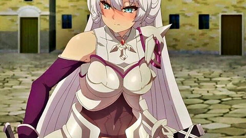 White-haired anime girl in revealing white armor with large breasts, Redo of Healer fanservice