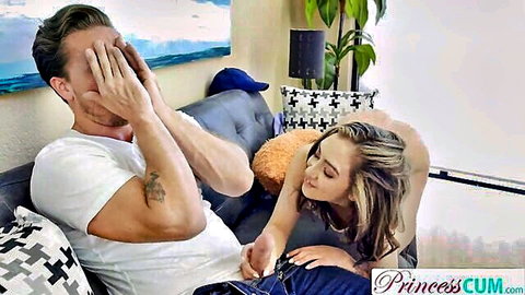 Blonde sister giving brother a handjob before creampie on couch