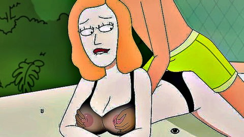 Rick and Morty parody: orange-haired woman in bikini groped from behind by pool