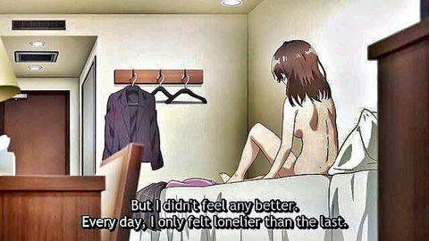 Lonely nude anime girl with brown hair sitting on bed from Higehiro, back view