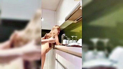 Pandora Kaaki nude in kitchen, blonde bending over counter teasing