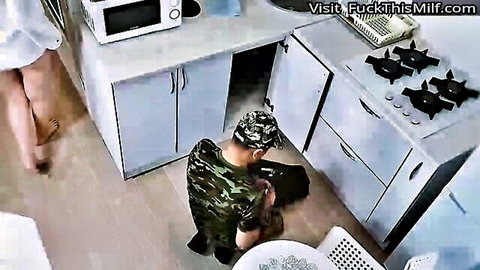 MILF in white dress teases plumber in kitchen setup