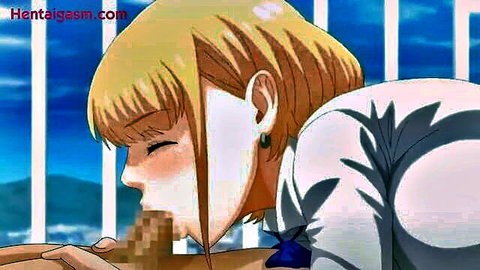 Blonde hentai wife giving outdoor blowjob in uniform
