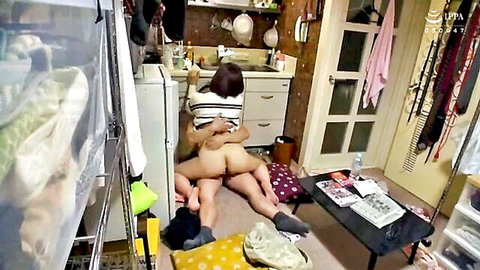 Japanese MILF fucked doggy style on kitchen floor, cock deep in bare pussy and ass exposed