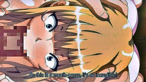 Blonde anime girl with wide eyes stunned by incredible mouth-pussy in censored hentai tease