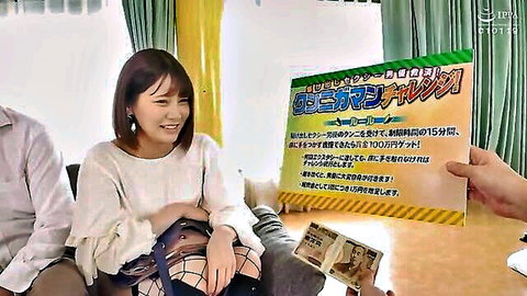 Smiling Japanese woman in white sweater and fishnet stockings with money in JAV negotiation scene